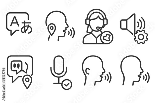Localization Icons. Line style icons of localization: speech recognition by language, accent-aware voice input, region-specific