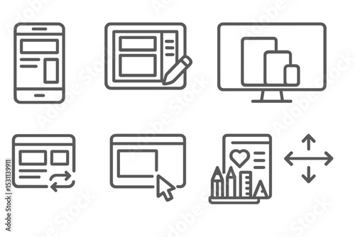 Responsive Design Icons. Line style icons of responsive design: website mobile view, tablet design mode, desktop preview, device
