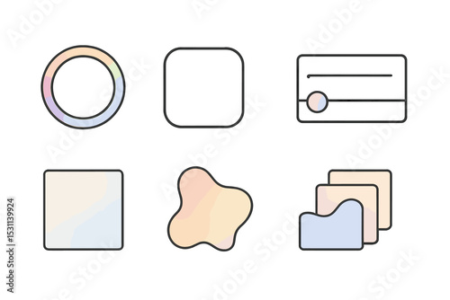 Gradient Line Icons. Line style icons of gradients: rainbow shadow ring, translucent fill icon, pastel slider dot, interface