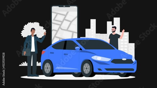 High Quality 4K 2D Cartoon Animation of Rideshare Driver Greeting Client and Setting Route on Mobile App – Urban Mobility and Customer Service Concept with Transparent Background