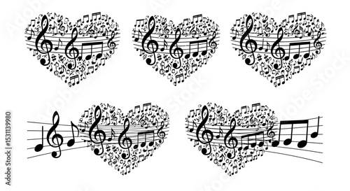 Four Musical Hearts Composed of Notes and Clefs