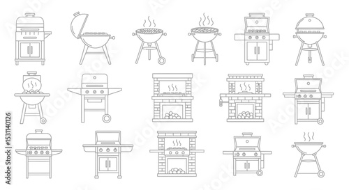 Collection of various barbecue grill and outdoor fireplace line art illustrations
