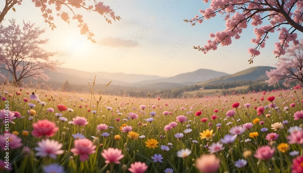Fototapeta premium Blossoming meadow at sunrise with cherry trees