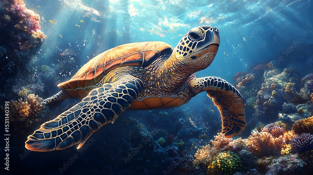 Obraz premium Majestic sea turtle gracefully gliding through a vibrant coral reef.