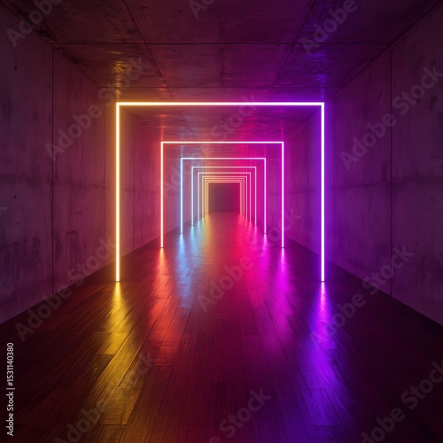 Modern virtual reality environment with neon symmetry infinite depth and wooden floor reflections