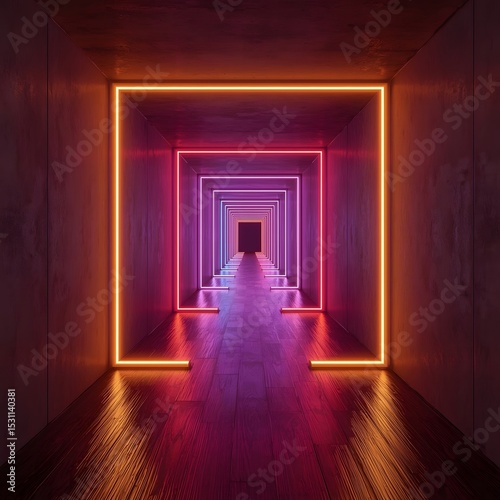 neon corridor with glowing multicolored frames on dark concrete walls and polished wooden floor digital art