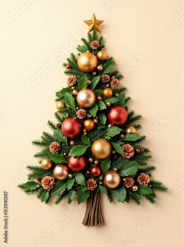 Stylized Christmas Tree Decoration with Red and Gold Ornaments
