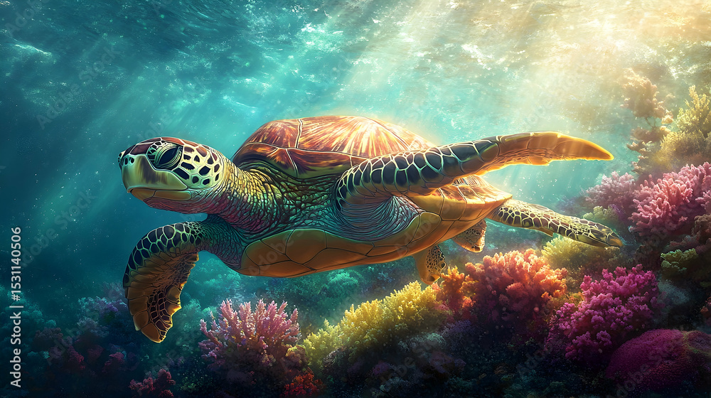 Obraz premium Vibrant sea turtle swims amongst coral reefs.