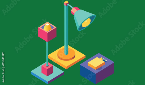 Isometric illustration of colorful lamps and objects