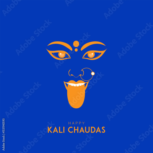 illustration of Goddess Kali Maa of Naraka Chaturdashi. Vector of Goddess Kali Maa on Diwali Kali Pooja background. Happy Kali Chaudas and Naraka Chaturdashi Indian Hindu Festival.