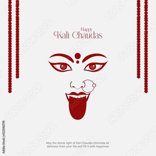 illustration of Goddess Kali Maa of Naraka Chaturdashi. Vector of Goddess Kali Maa on Diwali Kali Pooja background. Happy Kali Chaudas and Naraka Chaturdashi Indian Hindu Festival.