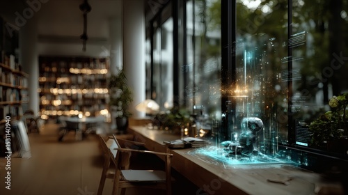 AI assistant guiding elderly user through tech interface using tactile holograms and magnified text projections in bright reading room with white bookshelves and woven blinds 