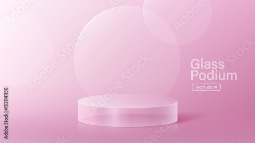 3D glass transparent crystal. Empty cylindrical pedestal. 3D cylinder and cube glass platforms set background. Vector realistic illustration of transparent plastic round and square