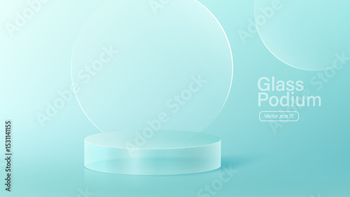 3D glass transparent crystal. Empty cylindrical pedestal. 3D cylinder and cube glass platforms set background. Vector realistic illustration of transparent plastic round and square