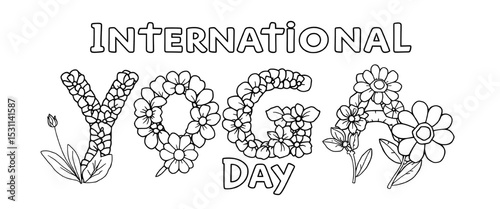 International Yoga Day Coloring Page with Intricate Floral Yoga Text