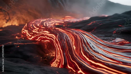 glowing lava flow stream, glowing lava flow stream, glowing lava flow stream on volcanic terrain