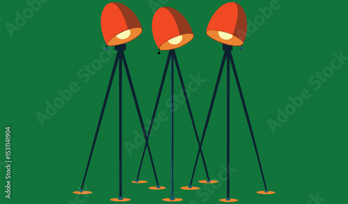 Three modern tripod floor lamps orange green background