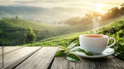 Cup of hot tea and tea leaf on the wooden table and the tea plantations background Generative Ai