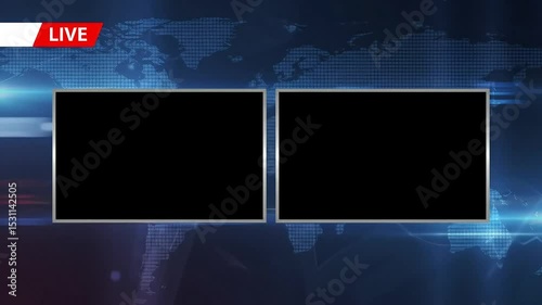 Live news broadcast backdrop with two black screens and world map background