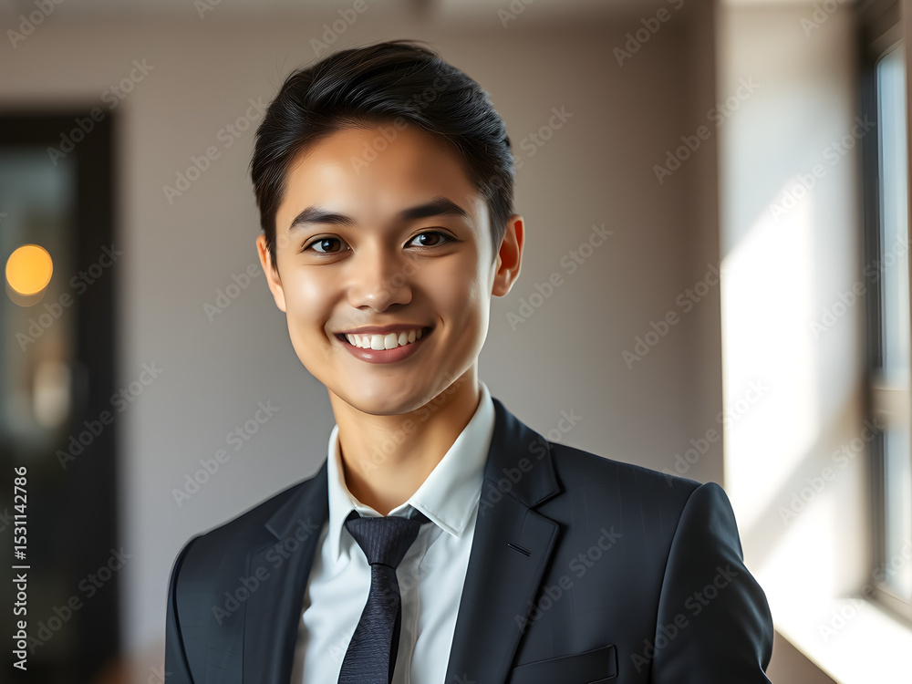 Young professional exuding confidence in business attire, embodying ambition and professionalism in a modern workplace. Young professional exuding confidence in business attire, embodying ambition and professionalism in a modern workplace.