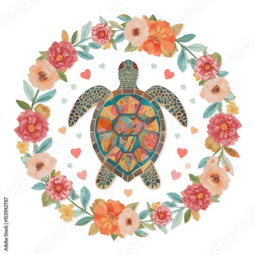 Artistic floral mandala with turtle illustration in the center, surrounded by soft-colored flowers