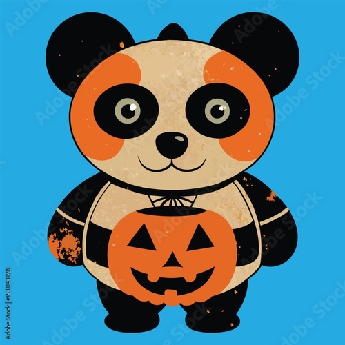 Cute Cartoon Panda Bear Dressed Up for Halloween Holding a Pumpkin Illustration