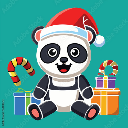 Cute Cartoon Panda Bear with Santa Hat Surrounded by Christmas Presents