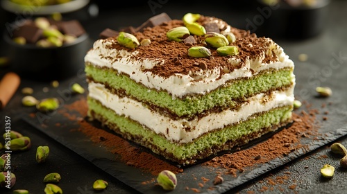 A piece of tiramisu, layered with green cake and white cream on top, sprinkled with pistachios and chocolate