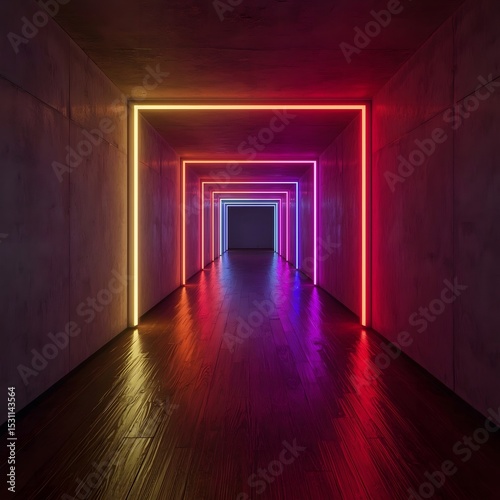 tunnel with vibrant neon light reflections and industrial gray concrete textures