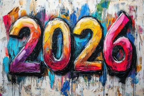 Bold 2026 numbers painted in thick textured brushstrokes on colorful abstract background with dripping vibrant oil paint effect Generative AI