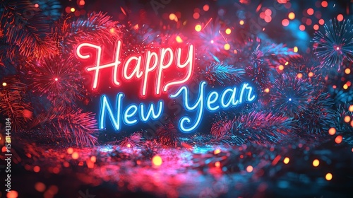 Happy new year neon sign in red and blue glowing lights with pine branches fireworks and festive atmosphere at night Generative AI