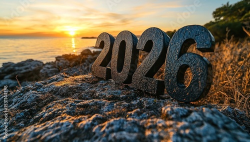 Black 2026 numbers on rocky coastline at sunset with golden light reflecting off ocean and dramatic sky in natural outdoor scene Generative AI