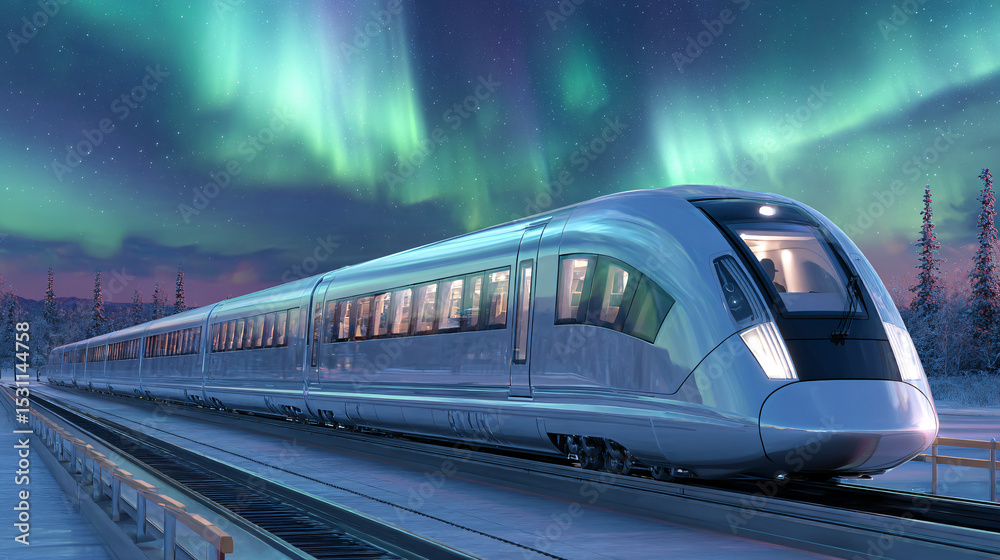 Naklejka premium Glossy Silver Bullet Train Beneath Dancing Aurora in Winter Twilight