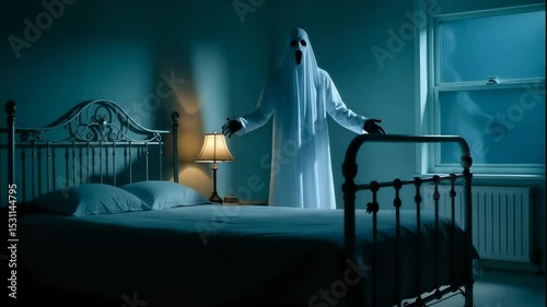 Mysterious ghostly figure floating in dark room at night. Ghost,  spooky, horror, halloween