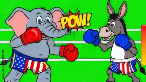 Donkey and elephant boxing in an American flag ring, suitable for political satire, debate, rivalry, elections, humor, patriotic themes.