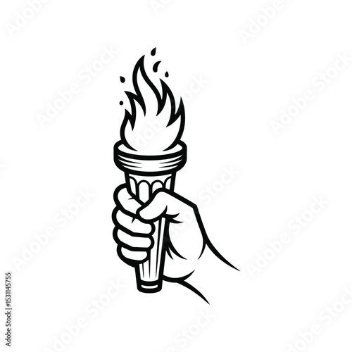 Black and White Line Art: Hand Holding Torch Icon

