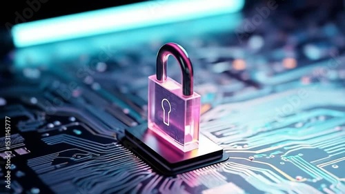 Digital security hologram of virtual key icon on circuit board. Financial data privacy concept and VPN service protection. Blockchain background and secure crypto wallet. 4k video