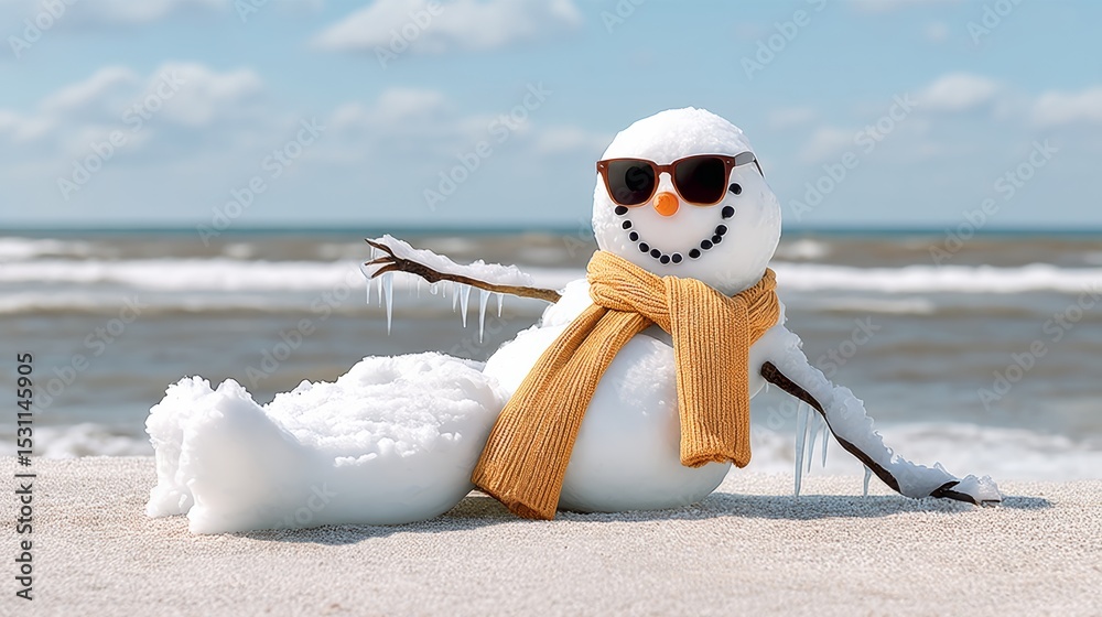 Obraz premium Snowman wearing sunglasses and a yellow scarf is laying on the beach. The scene is bright and cheerful, with the snowman looking relaxed and happy