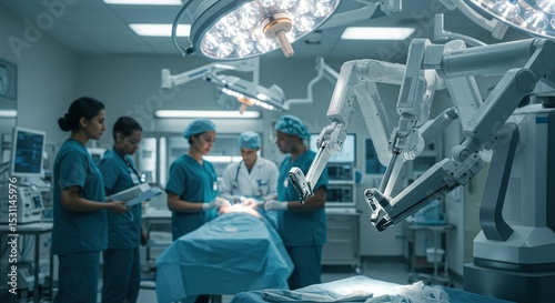 Surgical team in operating room with robotic arms and bright lights.