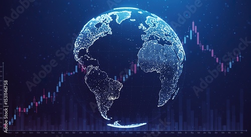 Digital world globe with financial graph lines on a dark blue background.