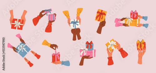 Hand drawn colorful set of human hands hold and open present boxes. Holiday surprise concept for birthday, Christmas, celebration and other anniversary. Design elements for poster, banner, print