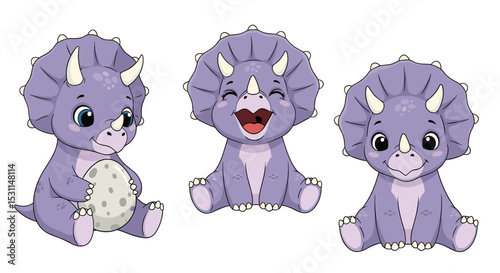 Three Cute Baby Triceratops Dinosaurs Adorable Pale Purple Color Funny Cartoon Characters