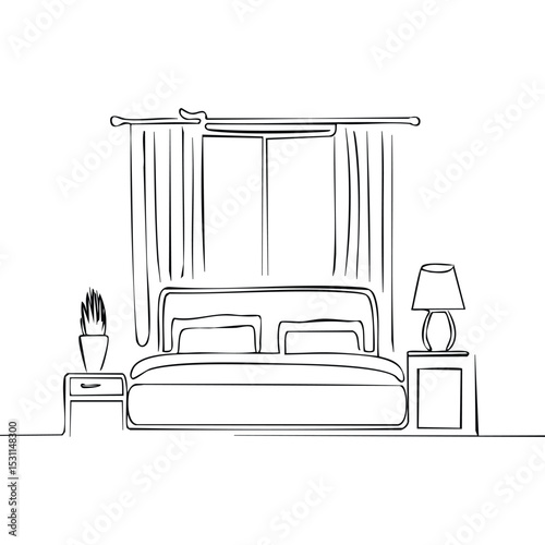 Minimalist one-line drawing of a cozy bedroom interior with a bed, nightstand, table lamp