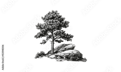 Aleppo Pine Tree Vintage Illustration, botanical vector, nature art, outdoor design, evergreen tree, rustic wall art, forest landscape, wood texture, traditional drawing, natural plants.