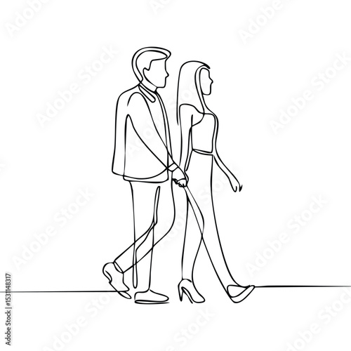 Minimalist one-line drawing of a couple holding hands and walking together