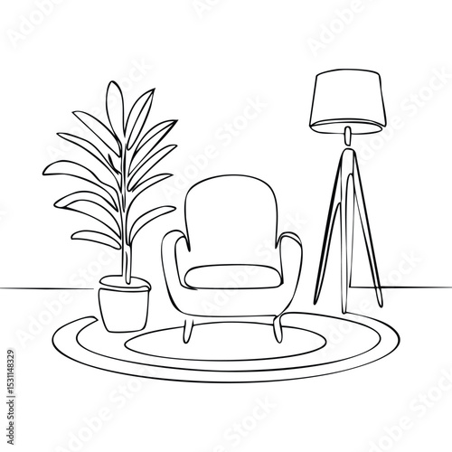 Minimalist one-line drawing of a cozy interior scene featuring a modern armchair, floor lamp aside