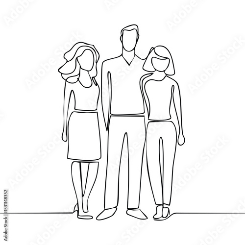 Minimalist one-line drawing of a diverse group of friends standing in a row, different body