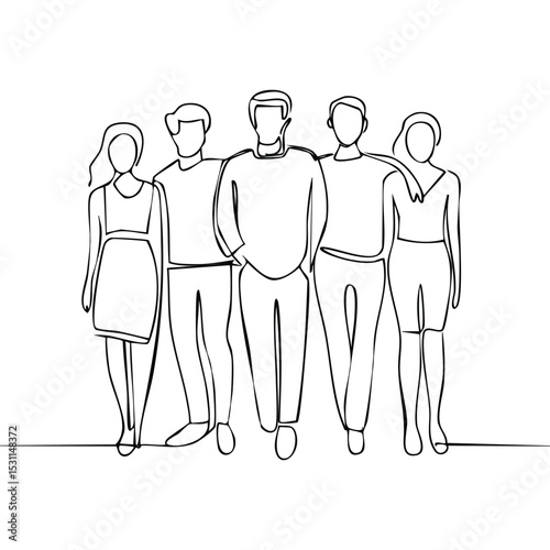 Minimalist one-line drawing of a diverse group of friends standing