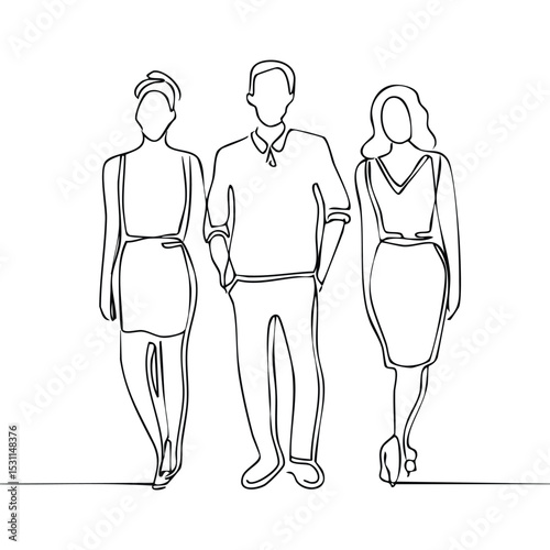 Minimalist one-line drawing of a diverse group of friends standing in a row