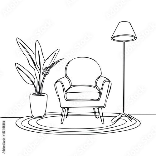Minimalist one-line drawing of a cozy interior scene featuring a modern armchair